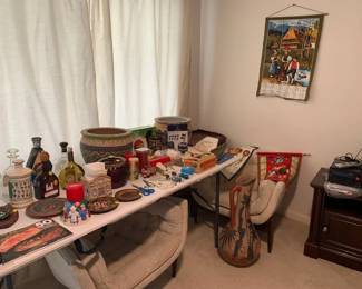 pottery, vintage wall hangings, etc
