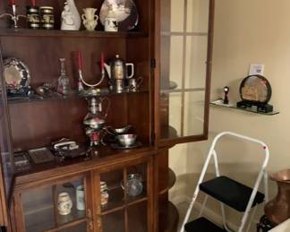 curio cabinet, vintage decor, and serving ware