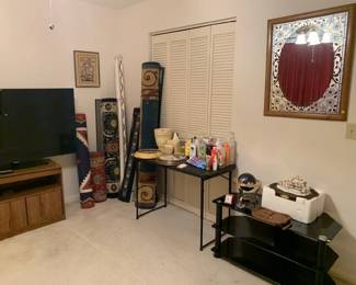 Rugs, person care, vintage mirror, Large TV and 2 TV stands