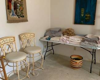 vintage stools, vintage tapestry and wall art, towels and linens