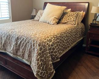Queen Bed Frame, Mattress/BS, Bedding, Art, Table Lamp