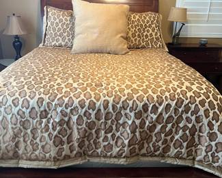 Queen Bed Frame, Mattress/BS, Bedding, Art, Table Lamp