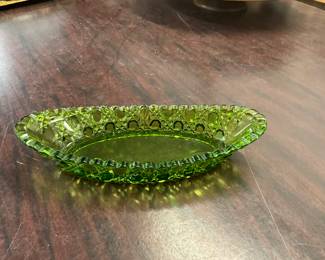 Daisy & Diamond Gree Pressed Glass Relish Celery Dish