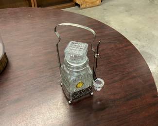Vtg Clear Cut Glass Pickle Jar w/Cover in Silver Plated Holder & Fork - Made in England