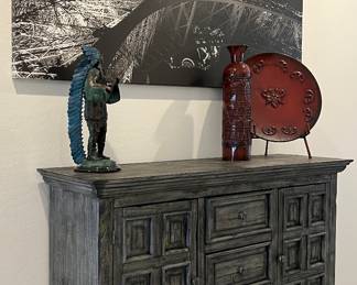 Grey Isabella 6-Drawer Entry Cabinet 62w x 45h x18d Art Eiffel Tower Canvas Large Decorative Plate and Vase Metal w Stand Bronze Sculpture