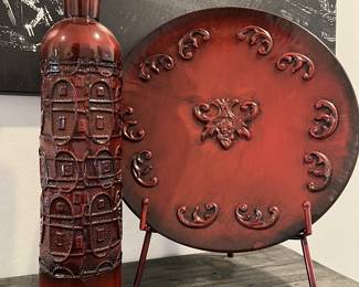 Large Decorative Plate and Vase Metal w Stand