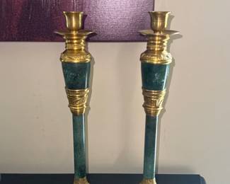 Pair of Brass and Jade Candlesticks