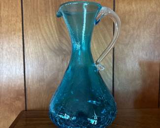 Blue Bullacante Hand Blown Crackle Glass Pitcher