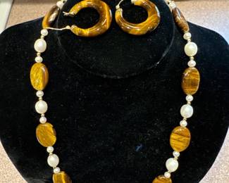 Amber and Mother of Pearl Necklace and matching hoop earrings