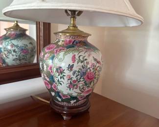 Asian Inspired Ceramic Lamp with Floral/Bird/Butterfly Motif. Wood Base