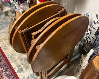 Vintage Set of 4 Oak Wood Oval Folding Tables