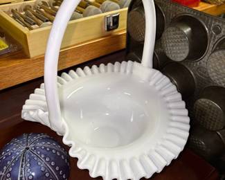 Vintage FENTON White Milk Glass Ruffled Crimped Edge Basket