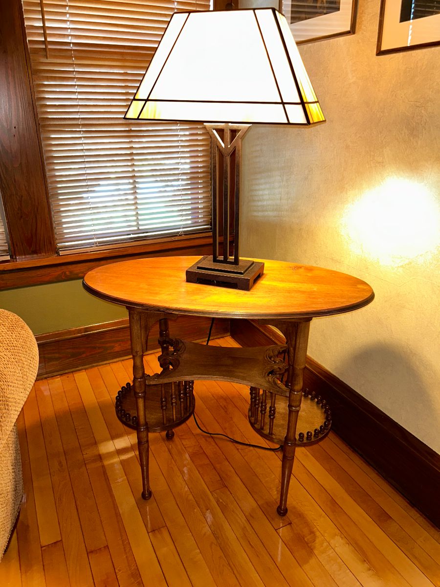 Magnificent! Oak Empire Library Table and in EXCELLENT condition!! Art Deco Tiffany Style heavy base lamp.