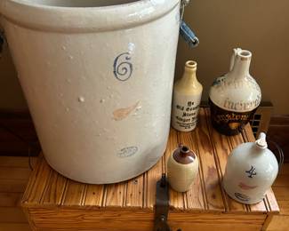 6 gal Red Wing crock with bail handles and a few smaller pcs of stoneware