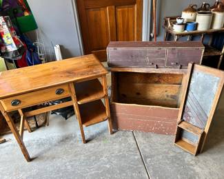 One drawer/2 shelf desk, firewood bin holder and one of four kraut cutters.