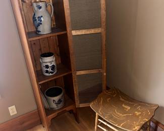 pie safe with Rowe pottery pcs. with a vanity seat.