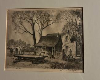 “The Farm” a 1934 etching by the Whitewater, Wisconsin artist Leonard (Leon) Pescheret - signed, framed & matted.