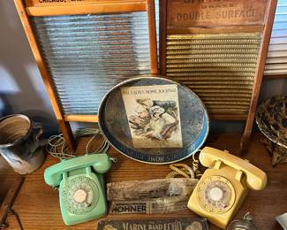 National Washboard Company and Gambles Company wash boards, ladies home journal beer tray, two vintage rotary phones - one avocado one yellow, Miller Falls metal wood plane, Presto brass fire extinguisher, a Marine Brand Echo harmonica with case & papers and two harmonicas.