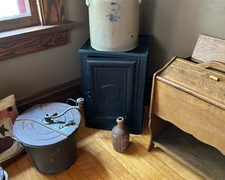 3 gal bee sting/flower crock, Comfort Tin Bread pie safe box, Landers Frary & Clark Universal Bread Maker (circa pre 1905), sewing basket