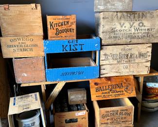 More advertising wood boxes/crates, with a Julep dispenser and a cardboard case of 10-HI bottles. Top right - a metal box with an embossed 'Thermos'.