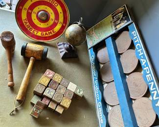 Just a sampling of the wood blocks, mallets, Jumbo Target Game and Pitch-A-Penny in its original box. (The 'cents' are dated 1909 S VDB!)