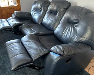 Blue Leather Reclining Sofa - almost new