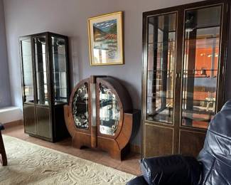 Center piece - 20th Century Art Deco Display, Bar Moon Cabinet. Mahogany with glass shelves. (2) Matching MCM display cases.