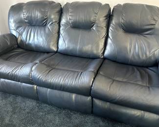 Lovely Blue Leather Reclining Sofa - almost new