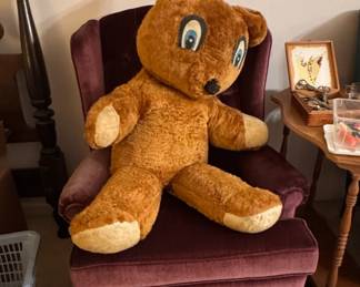 Oversized Teddy Bear, burgundy upright chair