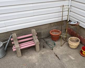 watering can/pail, bench, planters