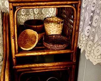 brown wicker/glass tables & baskets