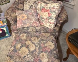 floral chair & ottoman, decorative pillows