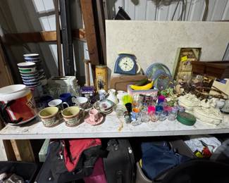 cups, shot glasses, clock, teacups, plastic fruit, misc