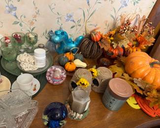 Tiara/Indiana glass, glass weights, candles, fall decor