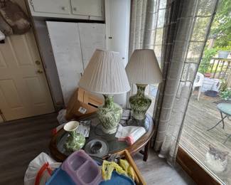 Lamps, coffee table, vase, cabinet
