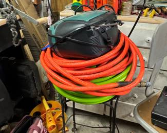 cd player, extension cords, stool, misc
