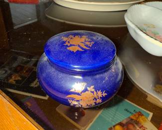 Hand Painted Cobalt Blue Trinket Box, hand painted, gilt flowers porcelain jewelry box, keepsake holder. $30 obo