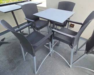 DBB824 (2) HIGH GRAY BAR TABLES & (8) WOVEN GRAY VINYL HIGH CHAIRS