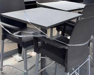 DBB827 (2) Gray Metal High Bar Tables With (4) Gray Woven Vinyl High Chairs