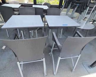 DBB828 (2) Gray Metal High Bar Tables With (4) Gray Woven Vinyl High Chairs