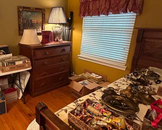 4 drawer dresser, presumed walnut, early Victorian with carved wood drawer pulls. Extra large salt glaze lamp, Rowe pottery