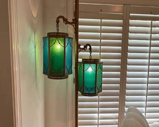 Mid Mod pole lamp with blue and green glass shades.