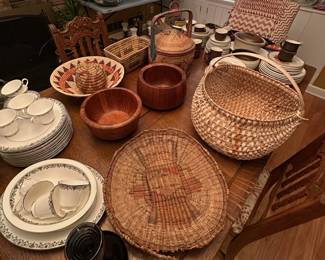 Native American baskets, Dansk teak bowls and china.
