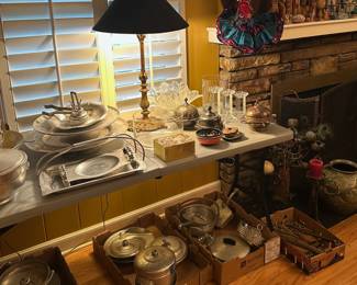 Large variety of hammered aluminum, solid brass 2-light table lamp and crystal bowls, candlesticks.