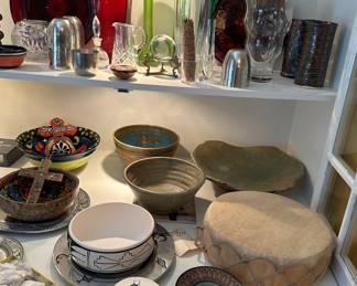 Traditional Native American hand drum, pottery, Waterford crystal, Jefferson cups and local art.