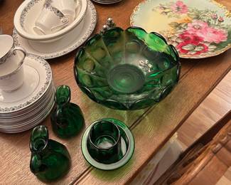Forest green glass in a larger pattern glass bowl and a hand painted platter size plate in amazing condition.