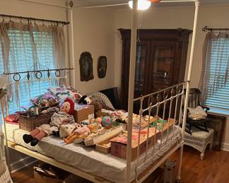 19th century brass and iron high bed with puzzle piece rails. Approximate three quarter size with custom mattress. All four canopy curtain rods are in original condition and there is an additional side piece to make this into a day bed.