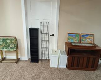 More storage shelves and vintage tv trays