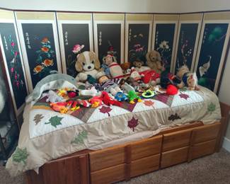 Twin bed with underdresser, 8 panel embroidered silk screen