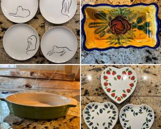 Liz Ross cat plates, LeCreuset, Le Myrtille Chene fruit plates